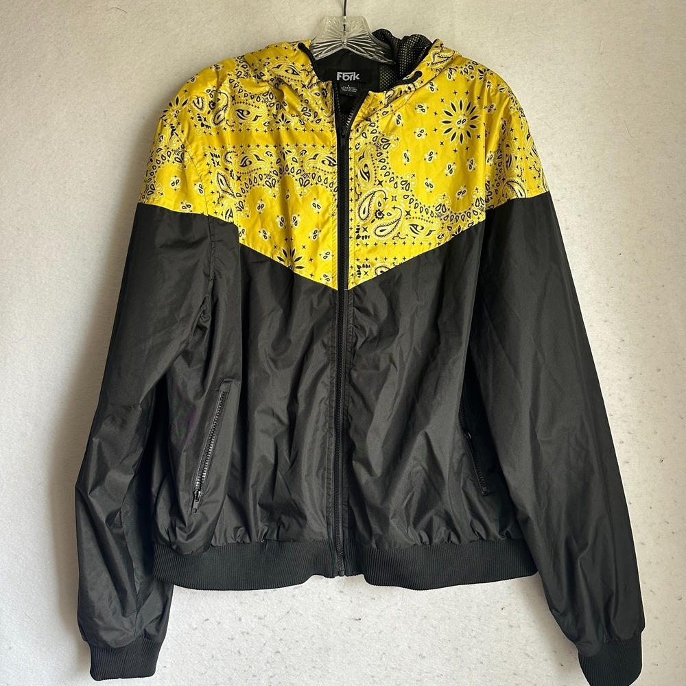 FBRK Men's jacket sz L windbreaker hooded yellow black paisley bandana Western